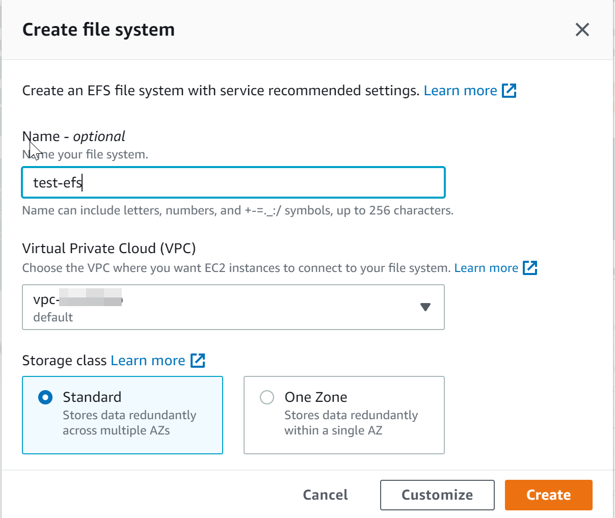 Create EFS file system with default settings