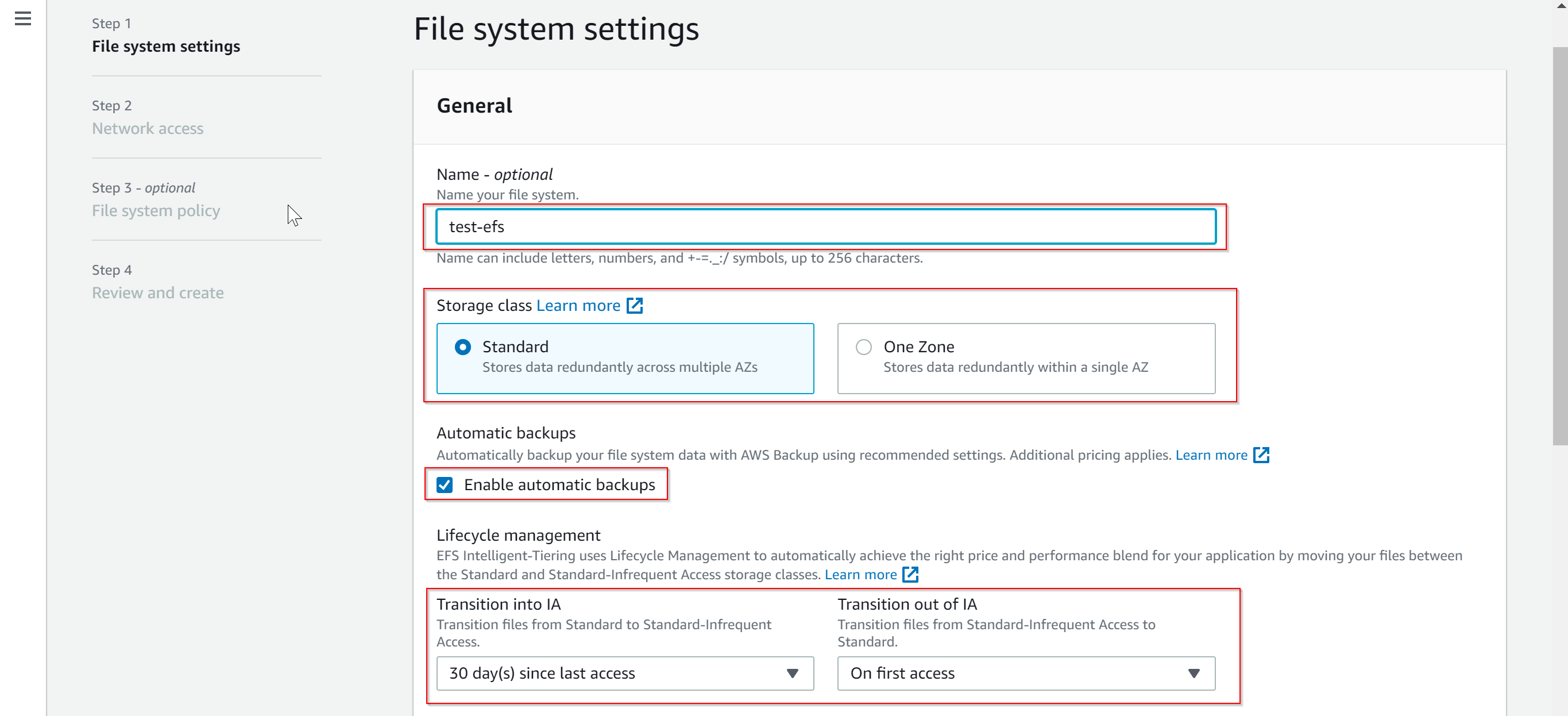 Create EFS file system with custom settings