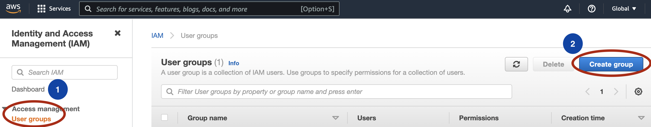 IAM create user group step 1
