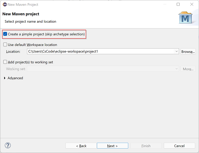 Eclipse IDE create a new Maven project, add location