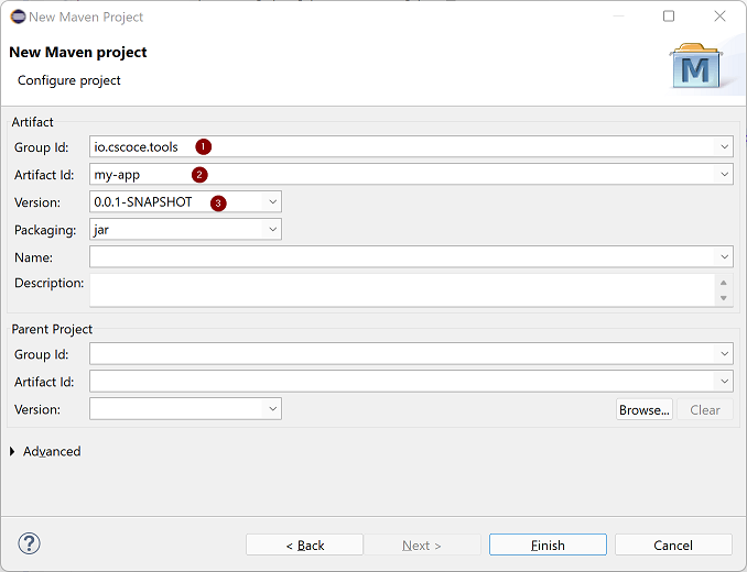 Eclipse IDE create a new Maven project, add group id, artifact id and version